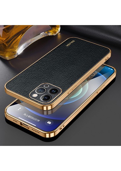 iPhone 15 Pro Max Elektro Kaplama Kapak Litchi Doku Pu Deri Kaplamalı Pc+Tpu Telefon Kılıfı (Yurt Dışından) fırsatları