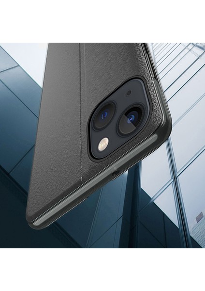 iPhone 15 Plus Flip Standı Mobil Koruyucu Kapak Görünüm Penceresi Pu Deri Telefon Kılıfı (Yurt Dışından)