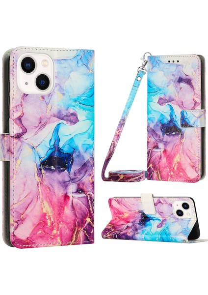 iPhone 15 Plus Mermer Desen Cüzdan Telefon Kılıfı, Stand Pu Deri Telefon Kapağı Kayışlı (Yurt Dışından)