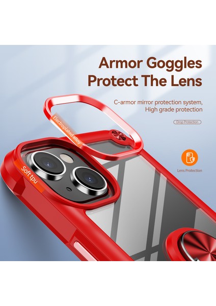 iPhone 15 Plus Ring Kickstand Telefon Kasası Alaşım Lens Çerçevesi Pc + Tpu Koruyucu Kapak (Yurt Dışından)