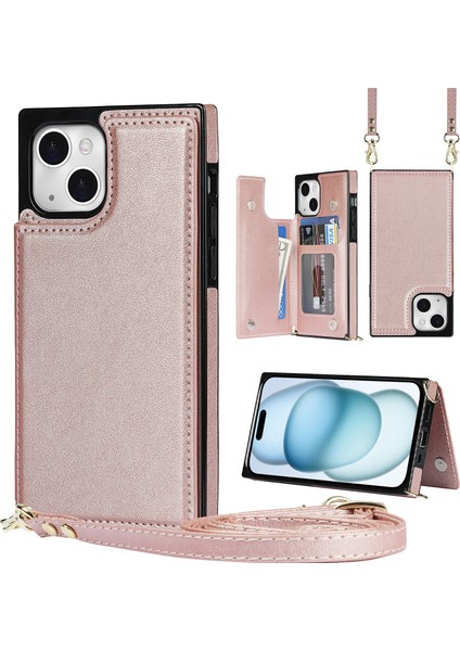 iPhone 15 Plus Manyetik Buttons Kickstand Telefon Kasası Rfıd Engelleme Kart Tutucu Kapak Kayış (Yurt Dışından)