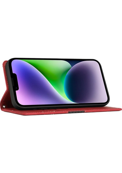 iPhone 15 Pu Deri Telefon Cüzdan Kılıfı, Izgara Ekleme Standı Telefon Kapağı Kayışla (Yurt Dışından)
