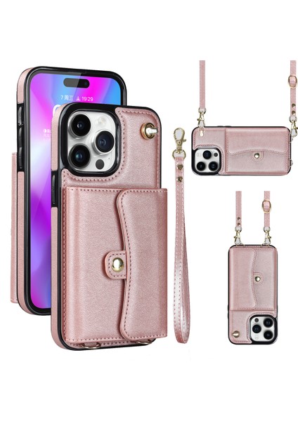 iPhone 15 Pro Max Telefon Kabuğu, Kart Yuvaları Pu Deri+Tpu Kickstand Kapağı 2 Kayışla (Yurt Dışından)