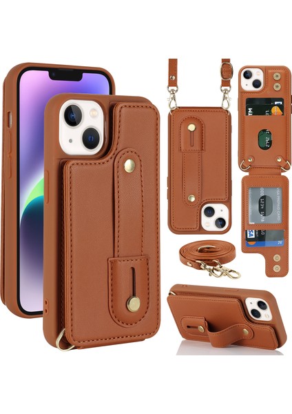 iPhone 15 Kart Tutucu Kabuğu, Kickstand Case Pu Deri Kaplamalı Tpu Telefon Kapağı Kayışlı (Yurt Dışından)