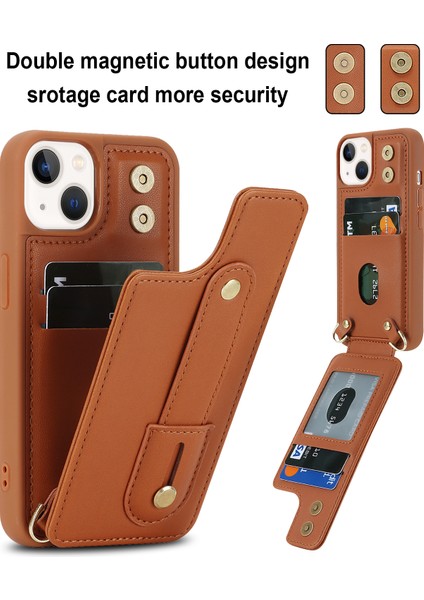 iPhone 15 Kart Tutucu Kabuğu, Kickstand Case Pu Deri Kaplamalı Tpu Telefon Kapağı Kayışlı (Yurt Dışından)