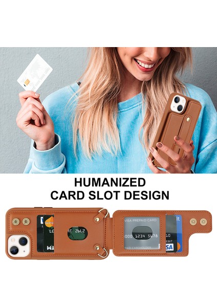 iPhone 15 Kart Tutucu Kabuğu, Kickstand Case Pu Deri Kaplamalı Tpu Telefon Kapağı Kayışlı (Yurt Dışından)
