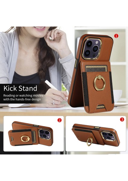 iPhone 15 Pro Pu Deri+Tpu Kart Yuvaları Vaka Yüzük Kickstand Rfıd Engelleme Telefon Kapağı (Yurt Dışından) modelleri