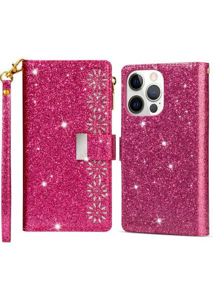 iPhone 15 Pro Max Fermuar Cüzdan Telefon Kapağı Pu Deri Glittery Lazer Oyma Telefon Stand Kılıfı (Yurt Dışından)