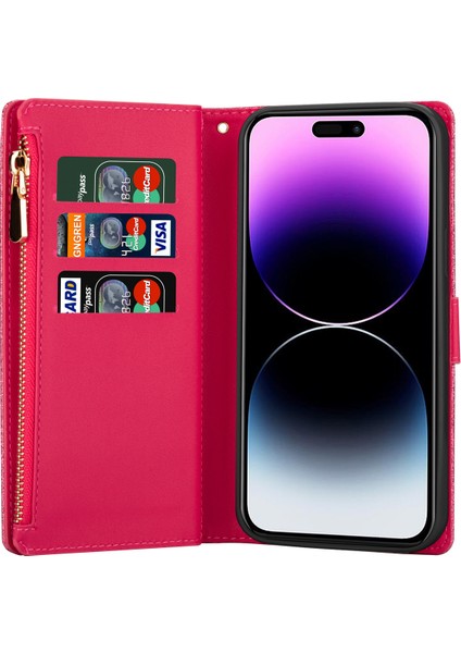 iPhone 15 Pro Max Fermuar Cüzdan Telefon Kapağı Pu Deri Glittery Lazer Oyma Telefon Stand Kılıfı (Yurt Dışından) fiyatları