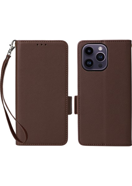 iPhone 15 Plus Litchi Doku Pu Deri Cüzdan Kılıf Düşme Koruması Askılı Standlı Telefon Kapağı (Yurt Dışından)