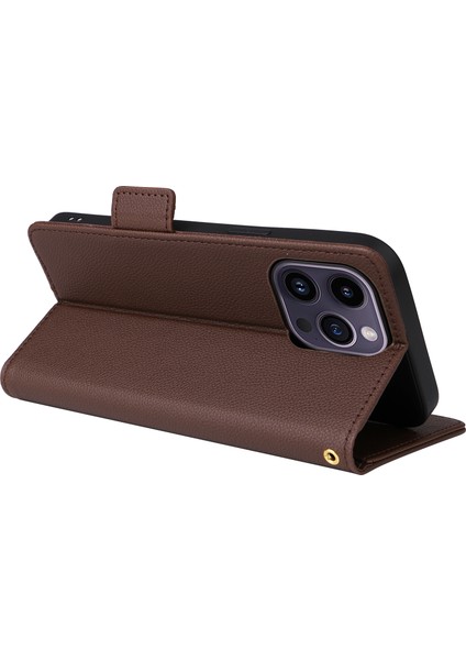 iPhone 15 Plus Litchi Doku Pu Deri Cüzdan Kılıf Düşme Koruması Askılı Standlı Telefon Kapağı (Yurt Dışından)