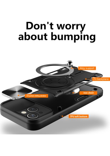 iPhone 15 Dönen Kickstand Pc+Tpu Kapak Slayt Kamera Kalkanı Çizelge Karşıtı Telefon Kılıfı (Yurt Dışından) indirimleri