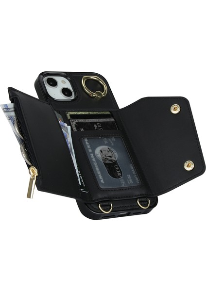 iPhone 15 Plus Pu Deri Kaplamalı Tpu Kapak Fermuarı Cüzdan Yüzüğü Kickstand Telefon Kılıfı 2 Kayış (Yurt Dışından) modelleri