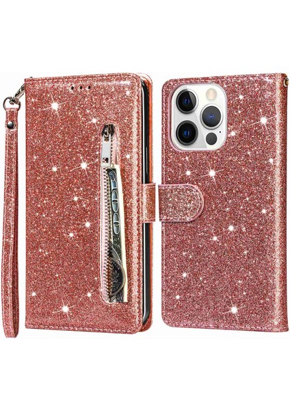 iPhone 15 Pro Cüzdan Deri Telefon Kılıfı Zipper Cep Stand Glittery Telefon Kapağı (Yurt Dışından)