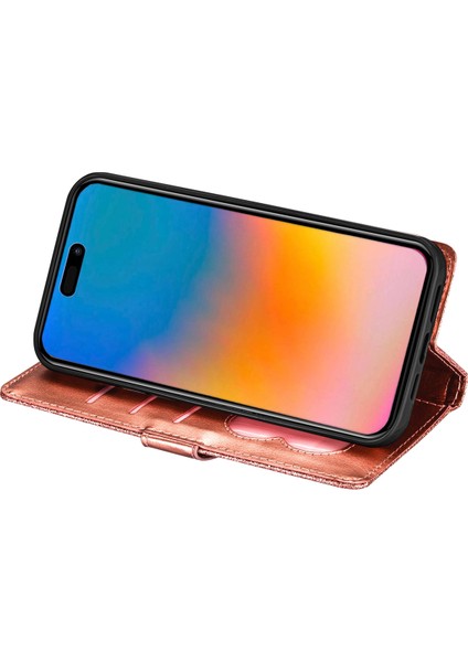 iPhone 15 Pro Cüzdan Deri Telefon Kılıfı Zipper Cep Stand Glittery Telefon Kapağı (Yurt Dışından)