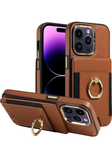 iPhone 15 Pro Pu Deri+Tpu Kart Yuvaları Vaka Yüzük Kickstand Rfıd Engelleme Telefon Kapağı (Yurt Dışından)