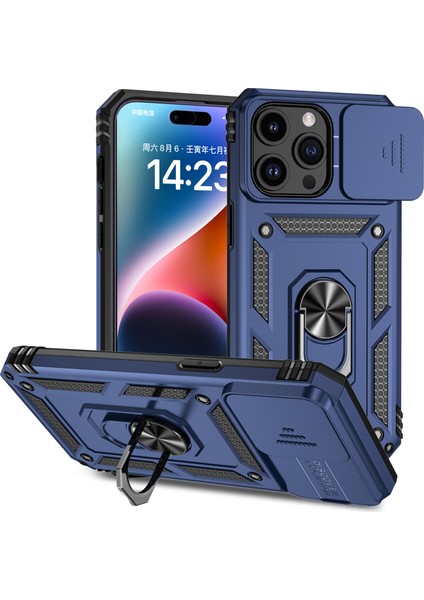 iPhone 15 Pro Slide Camera Koruyucu Telefon Kılıfı Metal Yüzük Kickstand Pc + Tpu Damla Geçirmez Kapak (Yurt Dışından)