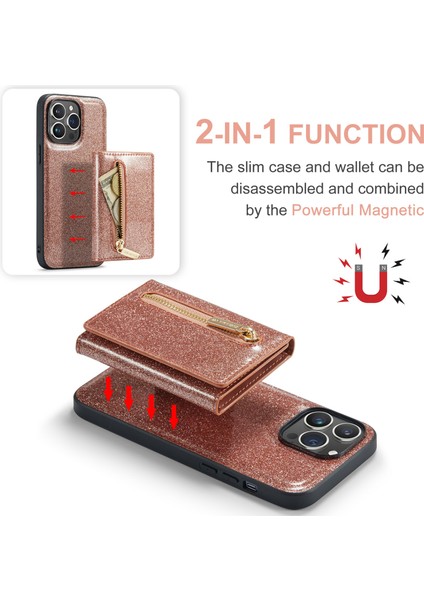 iPhone 15 Pro Kickstand Cover Işıltılı Deri Kaplı Pc+Tpu Çıkarılabilir Cüzdan Telefon Kılıfı (Yurt Dışından)