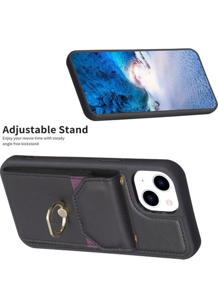 iPhone 15 Pu Deri Kaplamalı Tpu Telefon Kılıfı Yüzük Kickstand Cover, Kart Torbası ile (Yurt Dışından)