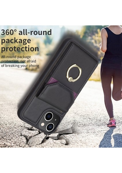 iPhone 15 Pu Deri Kaplamalı Tpu Telefon Kılıfı Yüzük Kickstand Cover, Kart Torbası ile (Yurt Dışından)