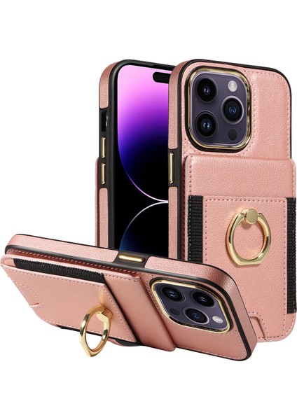 iPhone 15 Pro Pu Deri+Tpu Kart Yuvaları Vaka Yüzük Kickstand Rfıd Engelleme Telefon Kapağı (Yurt Dışından)