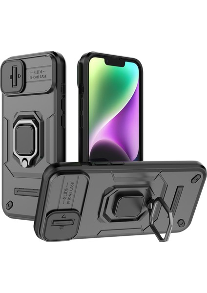 iPhone 15 Pc+Tpu Etkiye Dayanıklı Telefon Kılıfı Slayt Lens Koruma Kickstand Cover (Yurt Dışından)