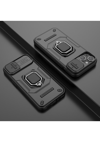 iPhone 15 Pc+Tpu Etkiye Dayanıklı Telefon Kılıfı Slayt Lens Koruma Kickstand Cover (Yurt Dışından)