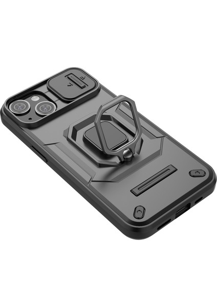 iPhone 15 Pc+Tpu Etkiye Dayanıklı Telefon Kılıfı Slayt Lens Koruma Kickstand Cover (Yurt Dışından)