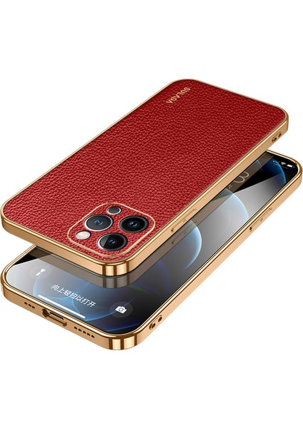 iPhone 15 Pro Max Elektro Kaplama Kapak Litchi Doku Pu Deri Kaplamalı Pc+Tpu Telefon Kılıfı (Yurt Dışından)