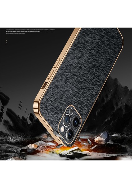 iPhone 15 Pro Max Elektro Kaplama Kapak Litchi Doku Pu Deri Kaplamalı Pc+Tpu Telefon Kılıfı (Yurt Dışından)