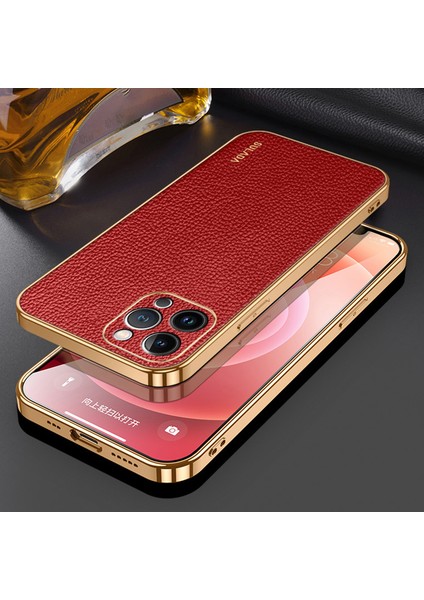 iPhone 15 Pro Max Elektro Kaplama Kapak Litchi Doku Pu Deri Kaplamalı Pc+Tpu Telefon Kılıfı (Yurt Dışından)