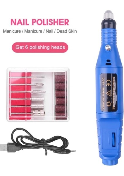 Mavi USB Elektrikli Tırnak Matkap Seti Lehçe Kaldır Manikür Pedikür 6 Adet Tırnak Törpüsü Zımpara Bantları Makinesi Tırnak Sanat Kalem Cihazı Ekipmanları (Yurt Dışından)