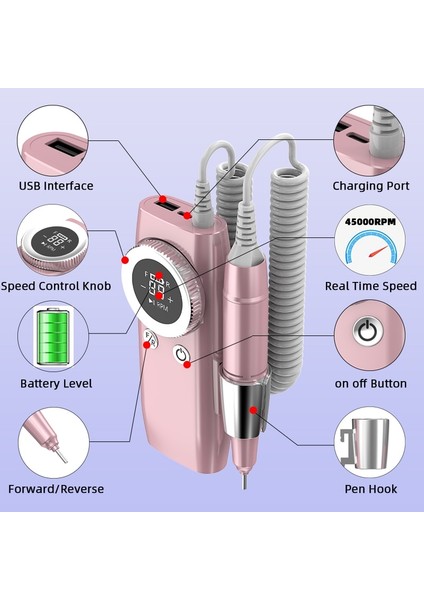 101 Siyah Set Yeni 45000 Rpm Tırnak Matkap Manikür Makinesi Şarj Edilebilir Elektrikli Tırnak Zımpara Duraklatma Modu ile Çivi Torna Jel Kesme Kaldırma Aracı (Yurt Dışından)