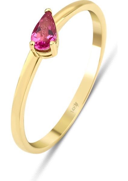 14 Ayar Altın Damla Kesim Doğal Pembe Turmalin Yüzük KRS186-14GR