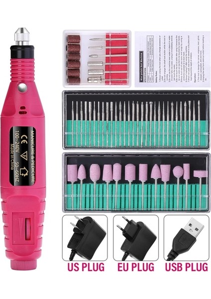 Kırmızı Set3 USB Lınmanda Taşınabilir Renkli Tırnak Matkap Makinesi Elektrikli Manikür Freze Seti Profesyonel Manikür Aracı Tırnak Aksesuarları (Yurt Dışından)