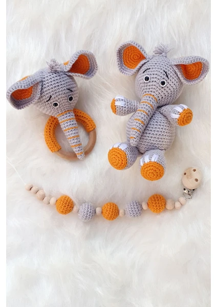 Kelebeğin Rüyası Hobi Evi Amigurumi Hediyelik Uyku Arkadaşı Fil, Fil Çıngırak ve Emzik Zinciri Set