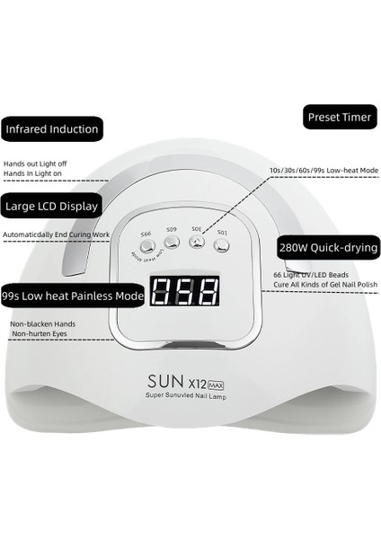 Sun X12 Max Pembe Au 2023 Yeni Sun X12 Max Profesyonel Tırnak Kurutma Lambası Manikür Için 66LEDS Jel Cila Kurutma Makinesi ile Büyük LCD Uv LED Tırnak Lambası (Yurt Dışından)