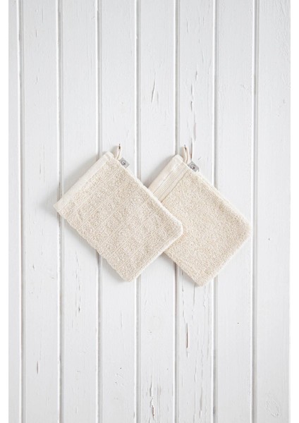 Havlu Banyo Kesesi %100 Pamuk Bukle 2'li Set Çizgili-Kapama Bordürlü Krem 15x20 Cm