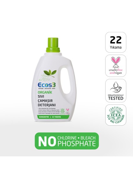 Sıvı Çamaşır Deterjanı, Organik & Vegan Sertifikalı, Ekolojik, Extra Konsantre, 22 Yıkama, 750ml