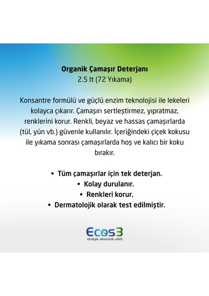 Sıvı Çamaşır Deterjanı, Organik & Vegan Sertifikalı, Ekolojik, Extra Konsantre, 72 Yıkama, 2500ml