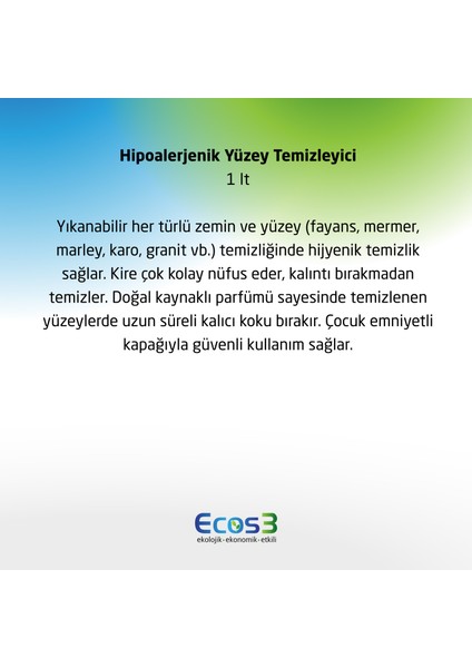 Hipoalerjenik Yüzey Temizleyici, Organik & Vegan Sertifikalı, Ekolojik, Evcil Hayvan Dostu, 1000ml