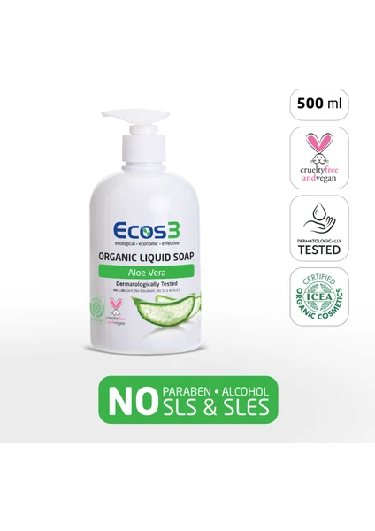 Sıvı Sabun, Organik & Vegan Sertifikalı, Ekolojik, Hipoalerjenik, Aloe Vera, 500ml