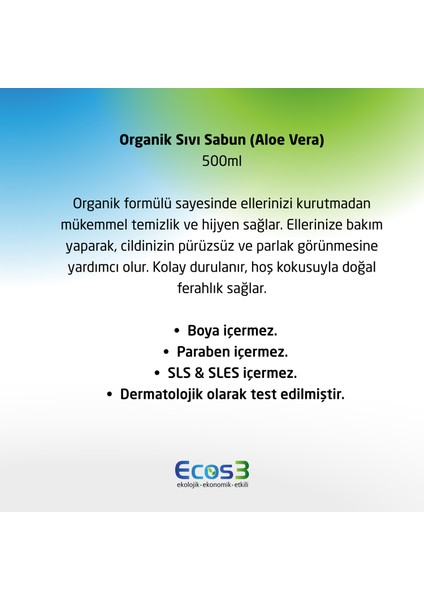 Sıvı Sabun, Organik & Vegan Sertifikalı, Ekolojik, Hipoalerjenik, Aloe Vera, 500ml