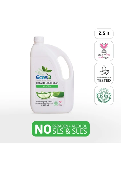 Sıvı Sabun, Organik & Vegan Sertifikalı, Ekolojik, Hipoalerjenik, Aloe Vera, 2500ml