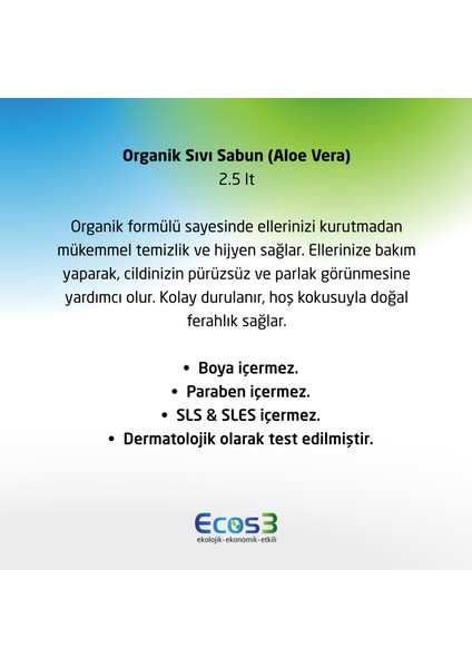 Sıvı Sabun, Organik & Vegan Sertifikalı, Ekolojik, Hipoalerjenik, Aloe Vera, 2500ml