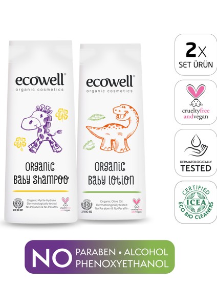 EcowellBebek Saç & Vücut Şampuanı + Nemlendirici Yüz & Vücut Losyonu, Organik & Vegan Sertifikalı 2 x 300ml