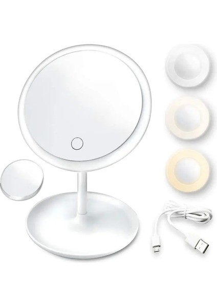 3light 5x Beyaz 3light 5x LED Makyaj Aynası Işıklı Lambalı Depolama Masaüstü Dönen Kozmetik Ayna Işık Ayarlanabilir USB Makyaj Aynası (Yurt Dışından) modelleri