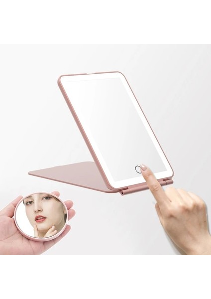 PINK-10X Büyüteç USB Şarj Katlanır Makyaj Aynası 10X Büyüteç Dokunmatik Ekran Giyinme Kozmetik Cam LED Işık Yatak Odası Güzellik Vanity Masa Aracı (Yurt Dışından)