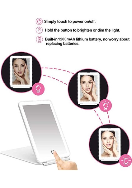 PINK-10X Büyüteç USB Şarj Katlanır Makyaj Aynası 10X Büyüteç Dokunmatik Ekran Giyinme Kozmetik Cam LED Işık Yatak Odası Güzellik Vanity Masa Aracı (Yurt Dışından)