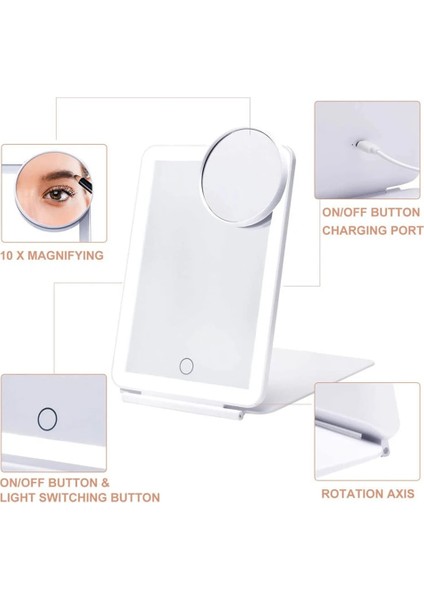 PINK-10X Büyüteç USB Şarj Katlanır Makyaj Aynası 10X Büyüteç Dokunmatik Ekran Giyinme Kozmetik Cam LED Işık Yatak Odası Güzellik Vanity Masa Aracı (Yurt Dışından)